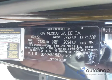 2022 Kia Forte Lxs from USA, damaged, VIN 3KPF24AD5NE465708